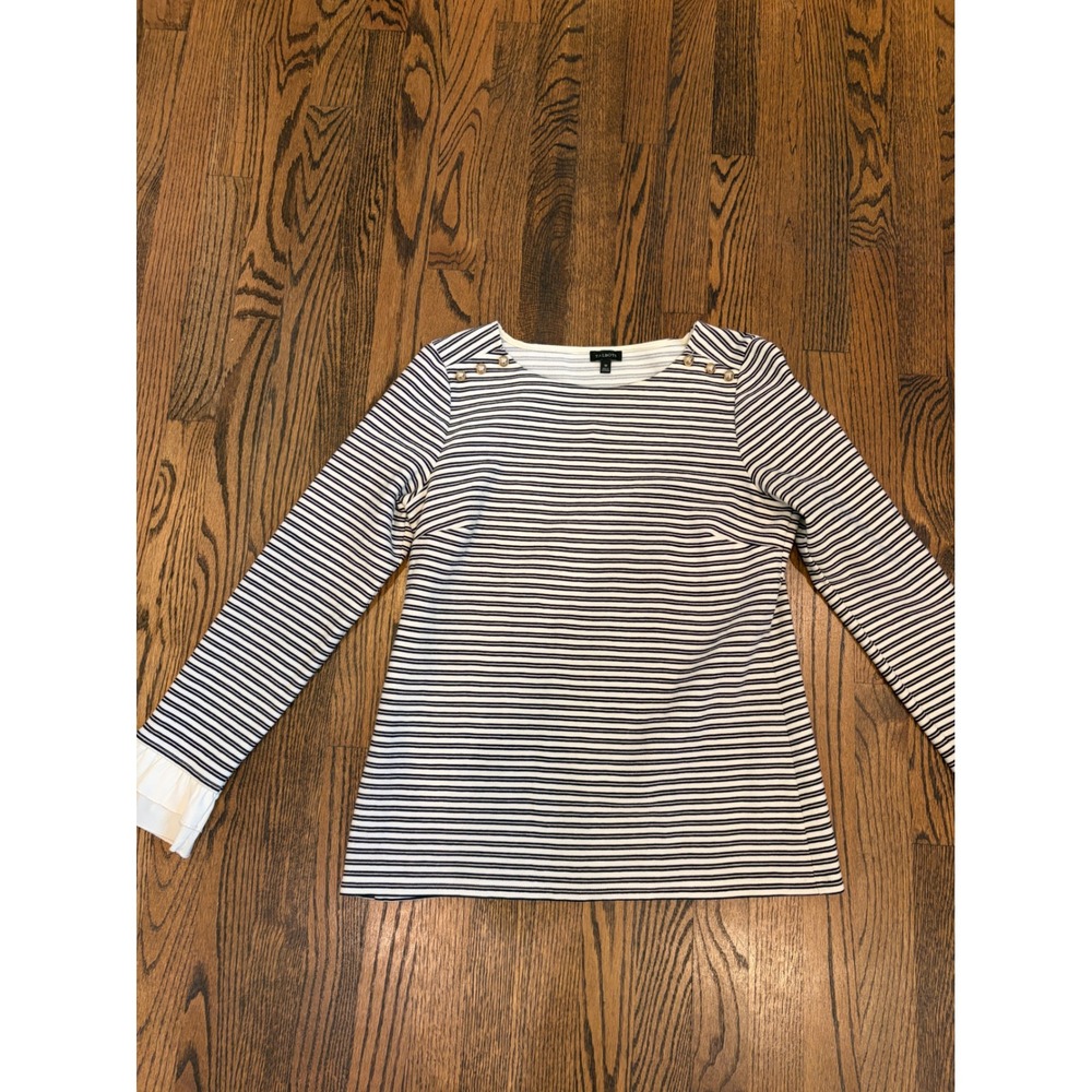 Talbots Stripe Top Women M Navy White Ruffle Cuff Nautical Button Fishermancore